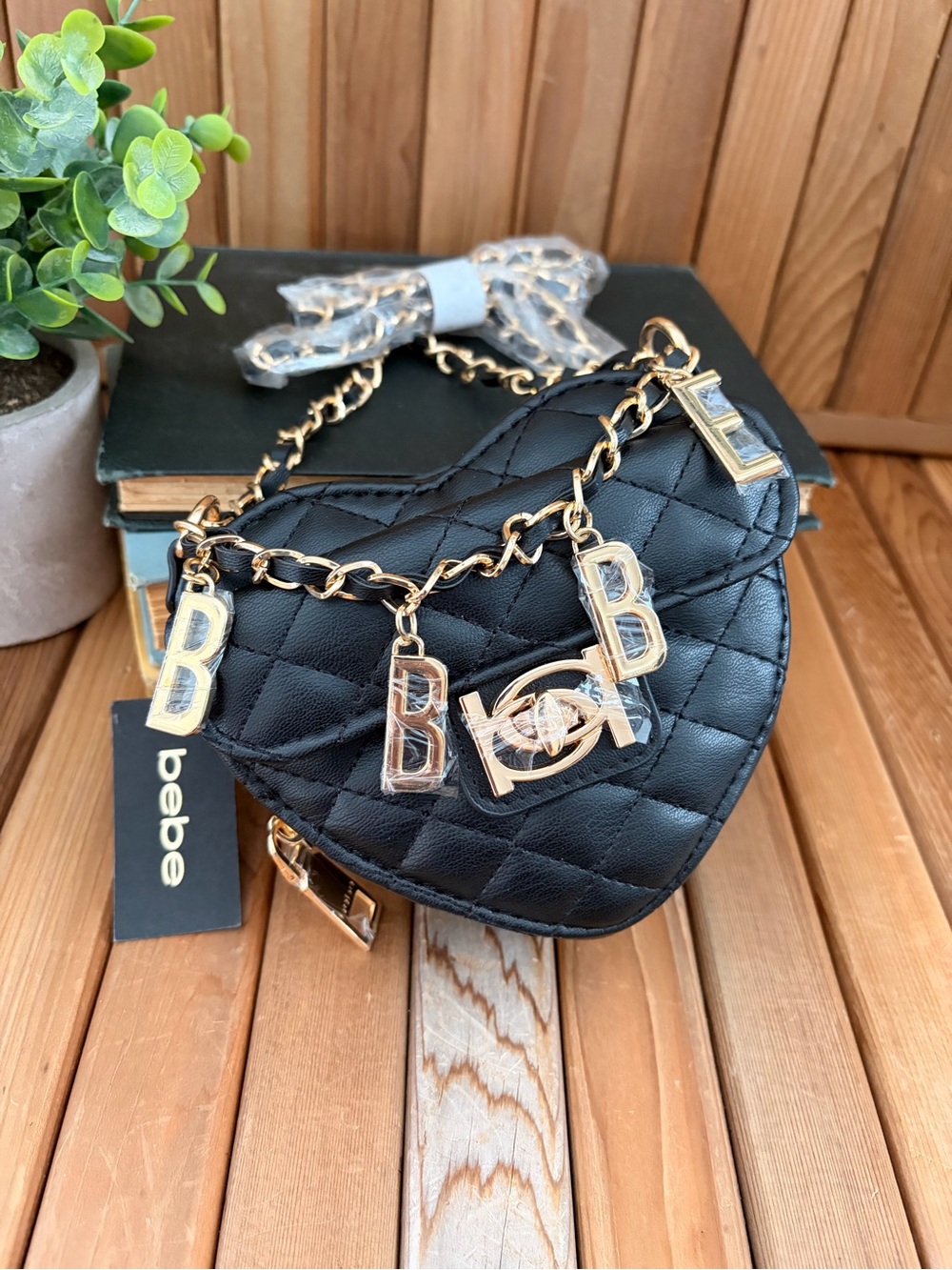 BEBE Y2K Black Quilted Heart Mini Crossbody with RARE Factory Error Charm Chain